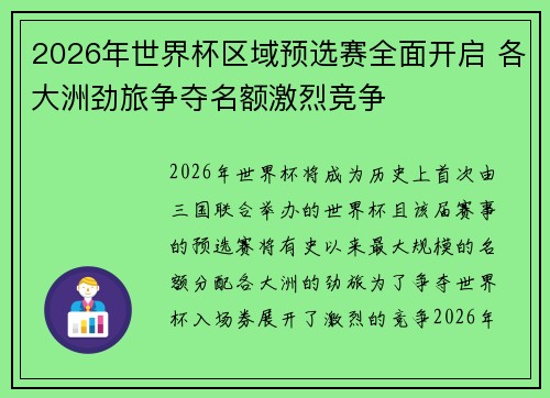 2026年世界杯区域预选赛全面开启 各大洲劲旅争夺名额激烈竞争