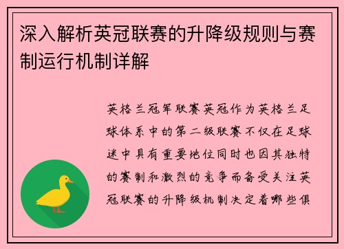 深入解析英冠联赛的升降级规则与赛制运行机制详解
